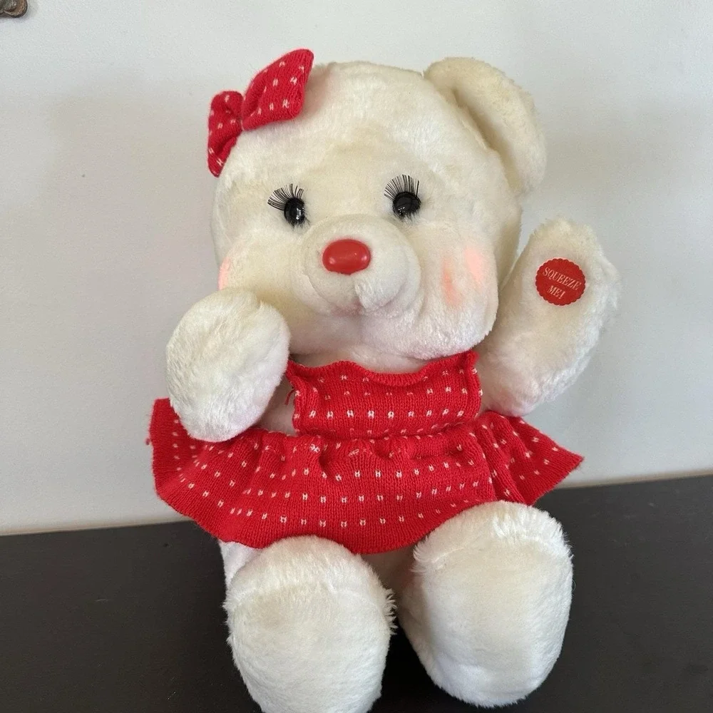 VTG 80's TL Toys White Christmas Girl Blushing Musical Teddy Bear Singing RARE